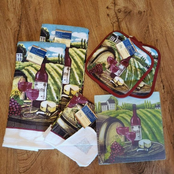Tuscan Wine Kitchen Set, 7 pc Towels Potholders Scrubber Dish Cloths Board, NWT - Picture 1 of 5